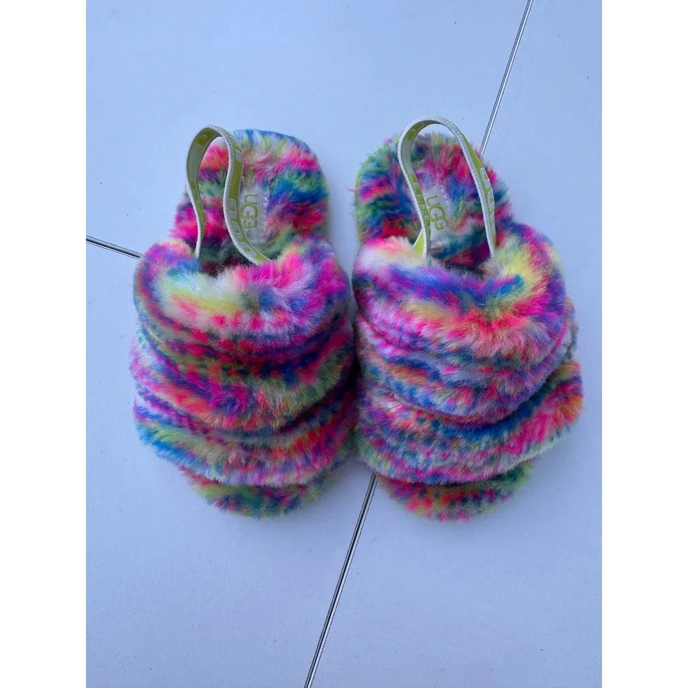 Ugg Kids Girls Fluff Yeah Tie‎ Dye Colorful Slingback Sandal Slippers Size 9